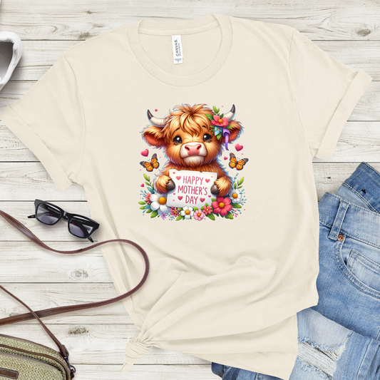 Women's Highland Cow Floral Mother's Day T-Shirt - Cream Color