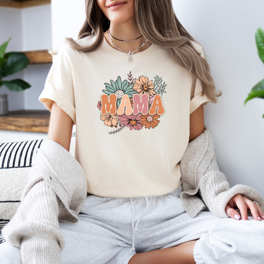 Mama with retro flowers on a cream t-shirt
