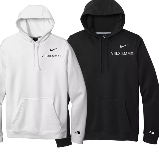 Nike hoodie  Black and white embroidered with anniversary date in roman numerals  on left chest. Also comes with option to have initial on sleeve with heart