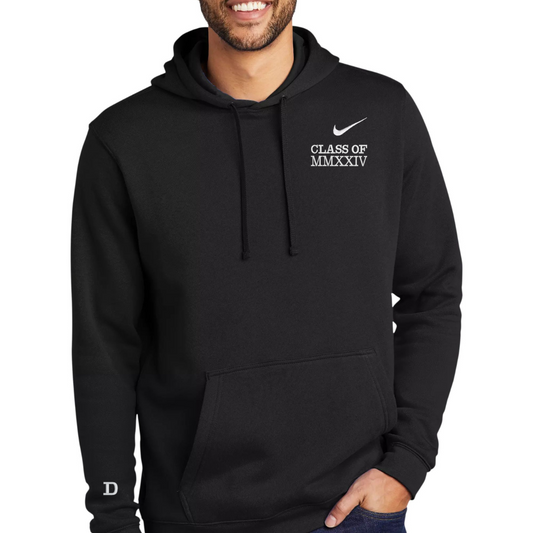 Black Nike hoodie with Class of 2024 embroidered on left chest the year is in Roman numerals, with option to add initial on sleeve with a heart
