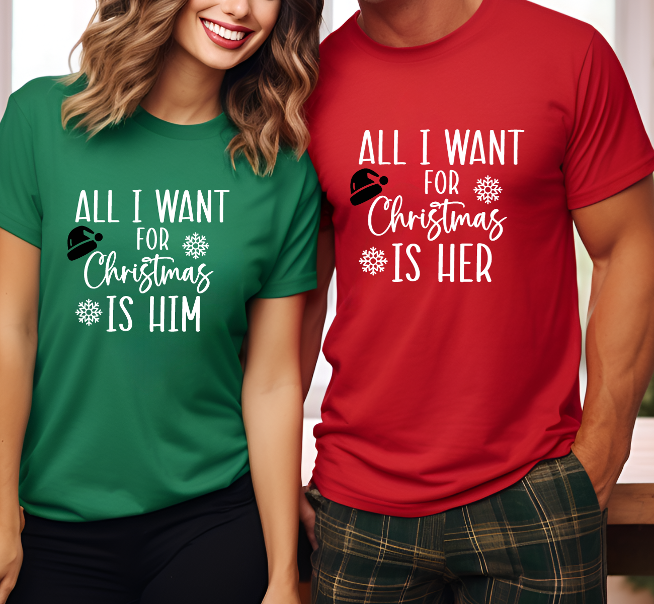 All I Want for Christmas Is Him/Her Matching Couples T-Shirts - Cute Holiday Shirts for Couples