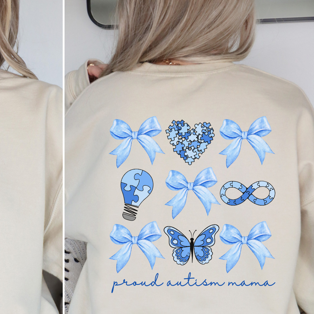 On the back blue bows and Autism pieces in a Coquette style that says proud autism mama