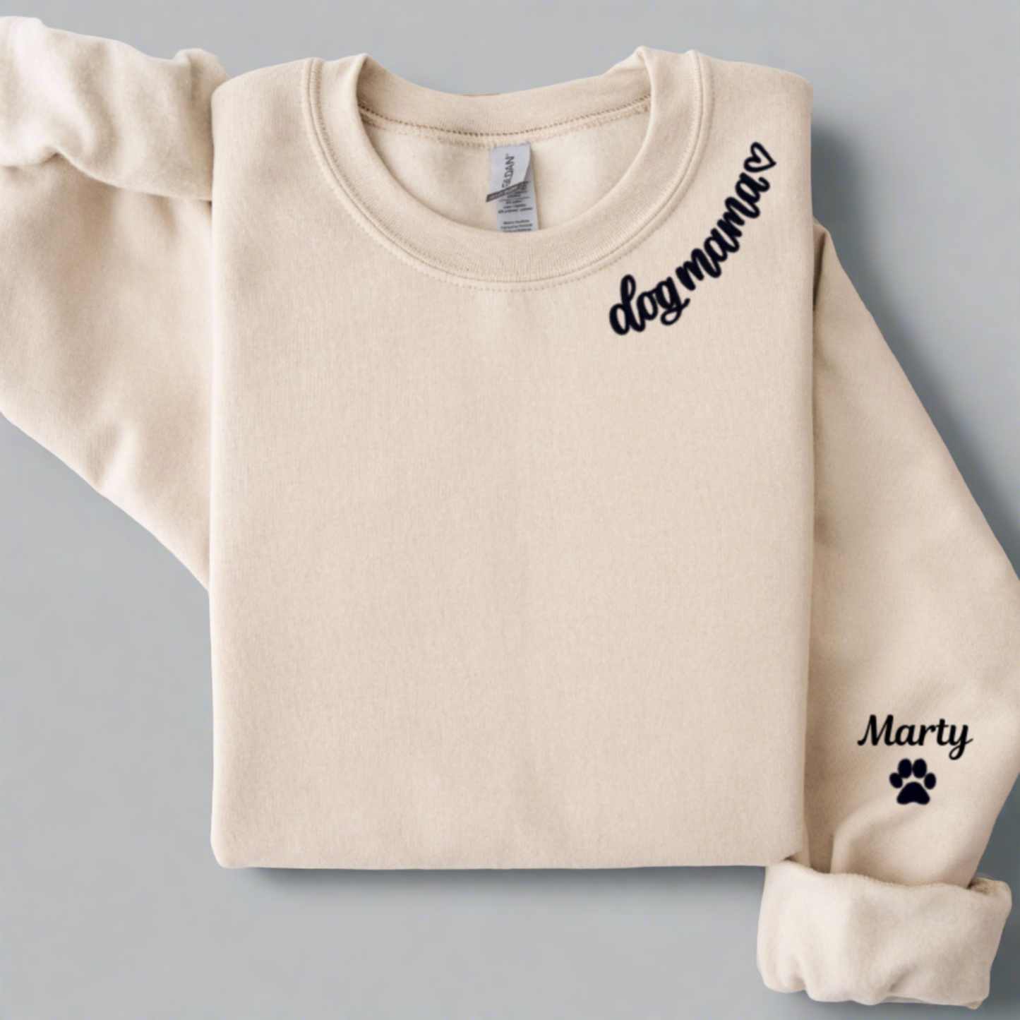 Embroidered Dog Mama Sweatshirts, Dog Mama around the collar of Crewneck Sweater with doggie's name on sleeve. Best Gifts for dog moms, Mothers day 2024 gift