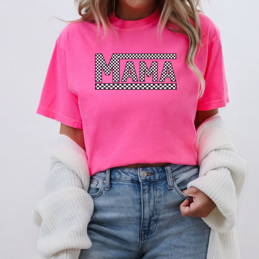 Neon Pink unisex T-shirt with the word Mama in black and white Checkered VANS style