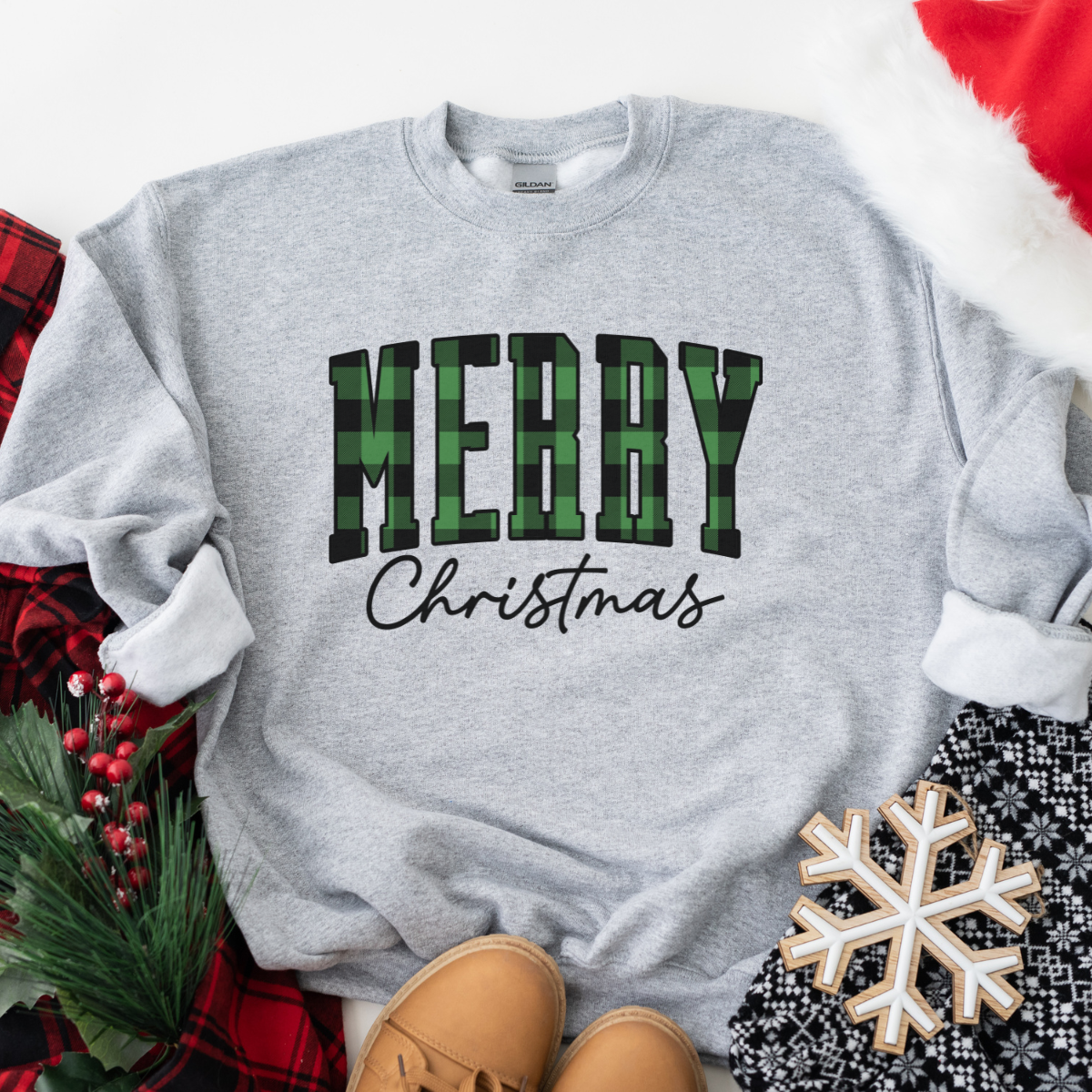 Merry Christmas Green Plaid Sweatshirt - Cozy Holiday Graphic Sweatshirt for Women