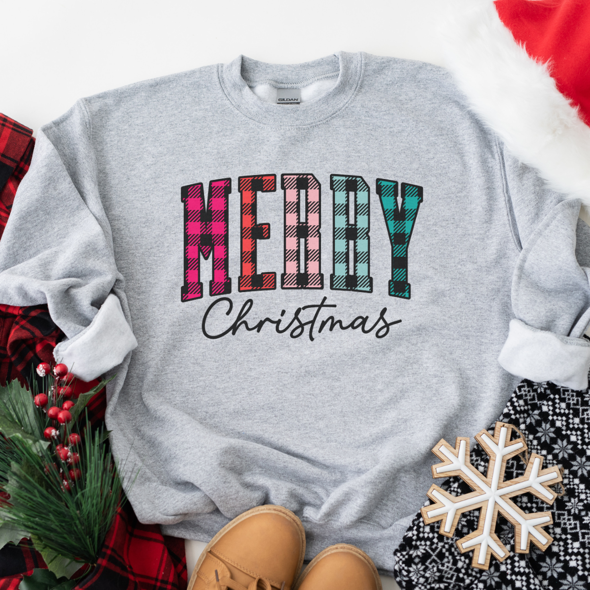 Colorful Plaid Merry Christmas Sweatshirt - Cozy Holiday Sweatshirt for Women