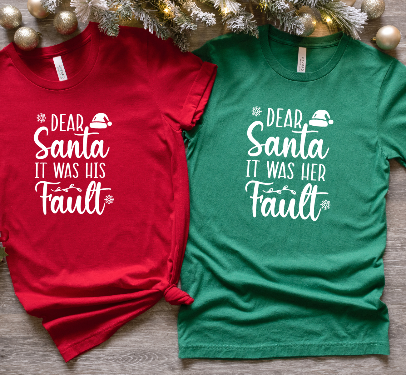 Dear Santa Couples Christmas T-Shirts - Funny "It Was His/Her Fault" Matching Holiday Shirts