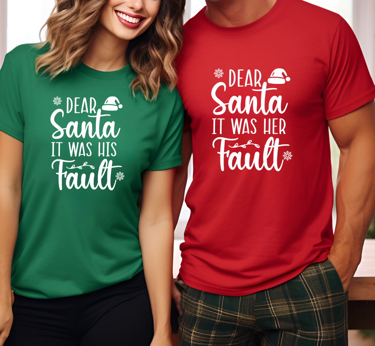 Dear Santa Couples Christmas T-Shirts - Funny "It Was His/Her Fault" Matching Holiday Shirts