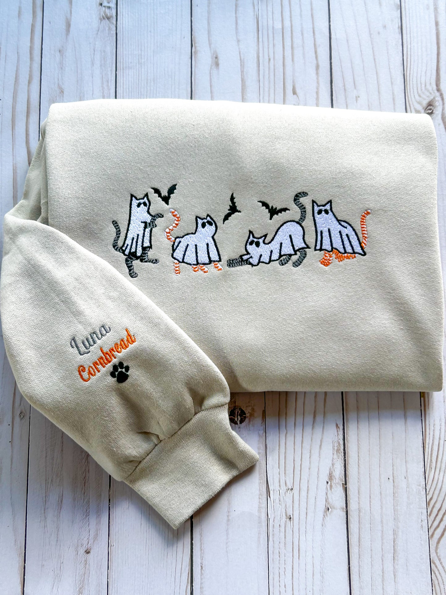 Ghost cat embroidered sweater, Grey and black striped cat and orange and white striped cat