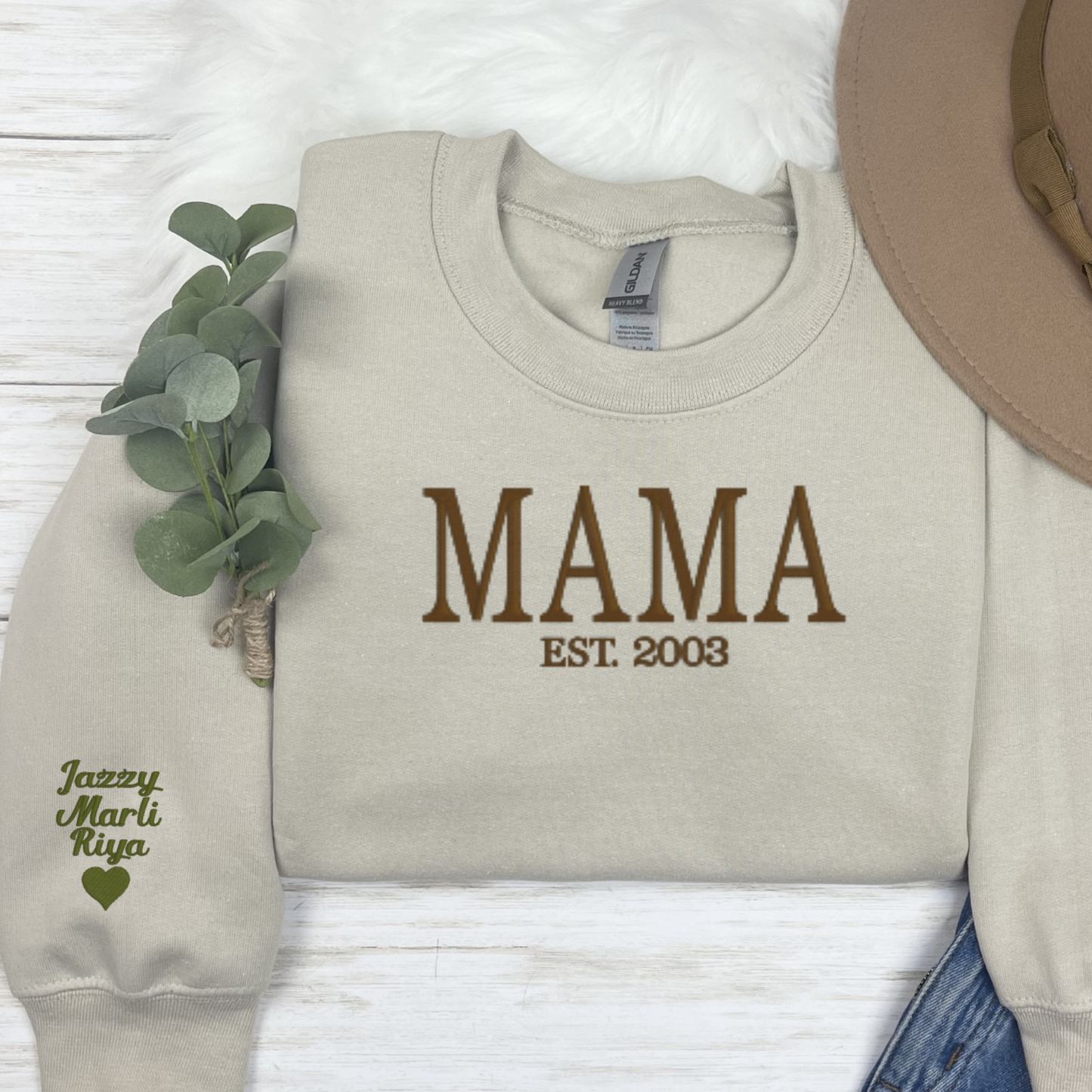 Mom / Mama Crewneck Sweater with kids name on sleeve..