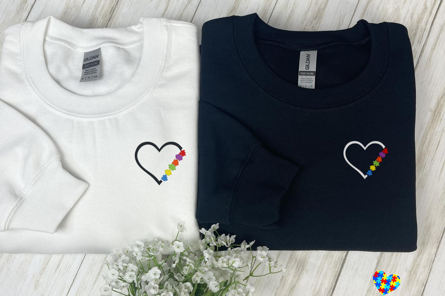 Autism Awareness Sweater: Show Your Support with a Heart-Shaped Design, Embroidered heart shaped,