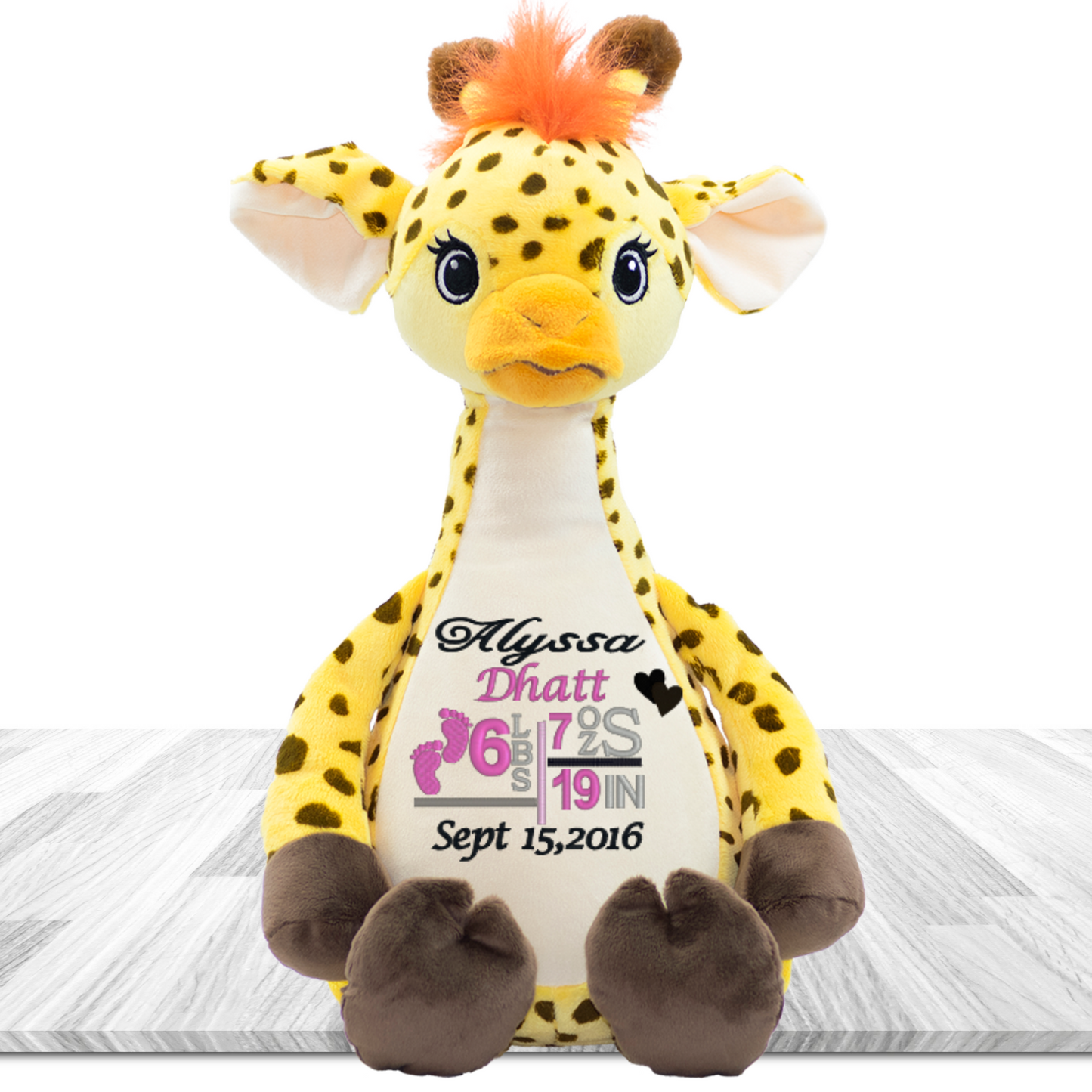 Giraffe Stuffed animal Personalized Birth announcement  - girls