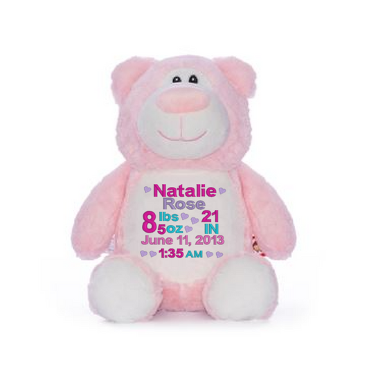 Pink Bear Personalized with Birth Announcements, Birth Stats
