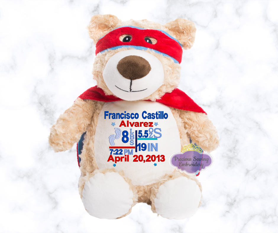 Superhero Bear stuffed animal personalized with Birth announcement, Birth stats