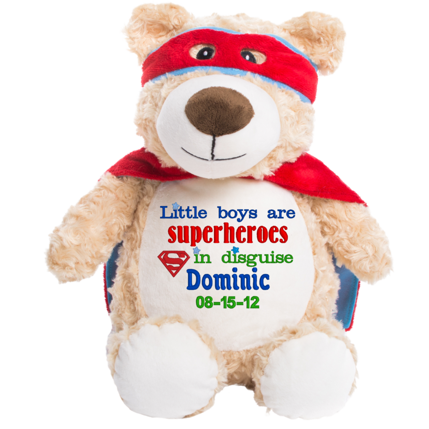 Superhero Bear stuffed animal personalized with Little boys are superhero's design, personalized plushie