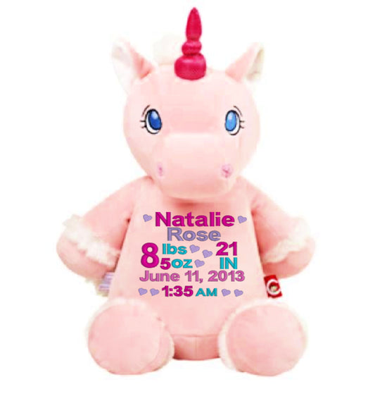 Pink Unicorn with Birth Announcements, birth stats