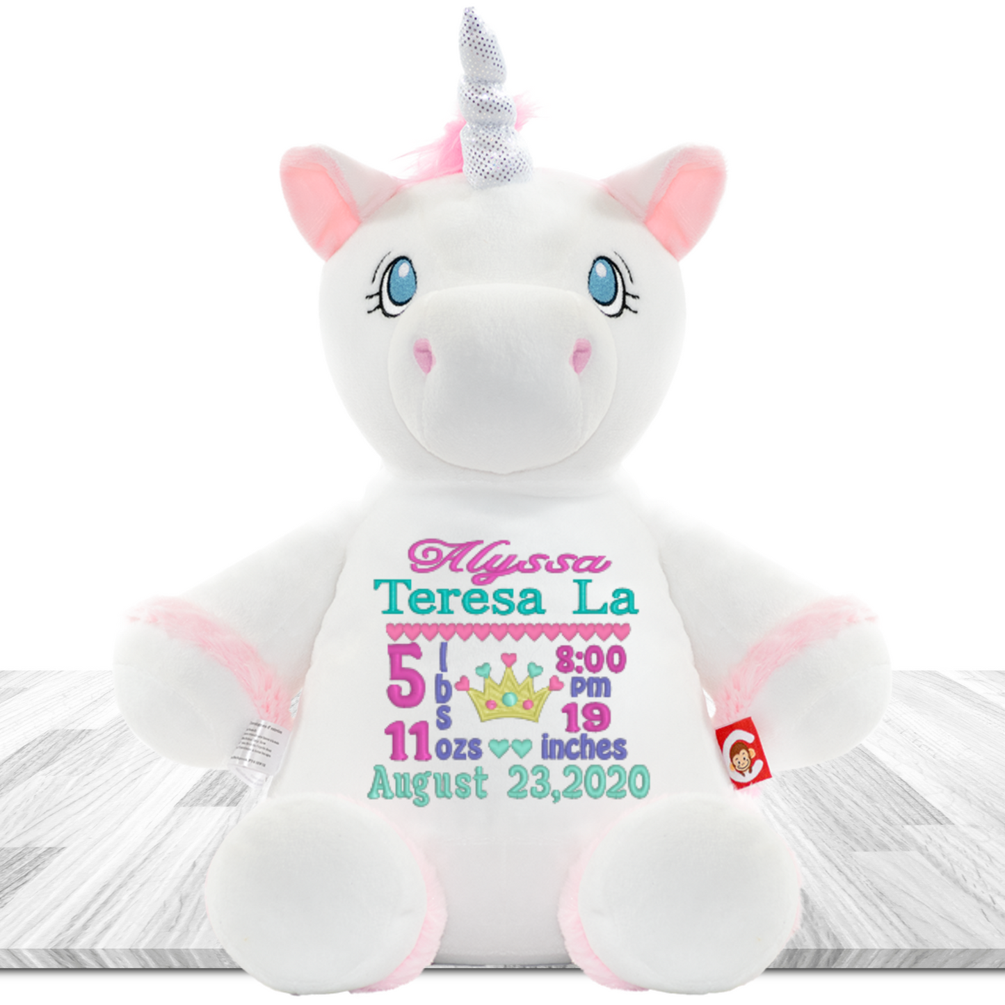 White Unicorn Stuffed Animal Personalized birth announcement